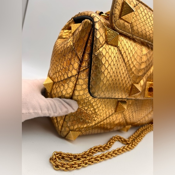 Valentino Roman Stud metallic gold python leather Bag Large Full Set - Picture 6 of 16